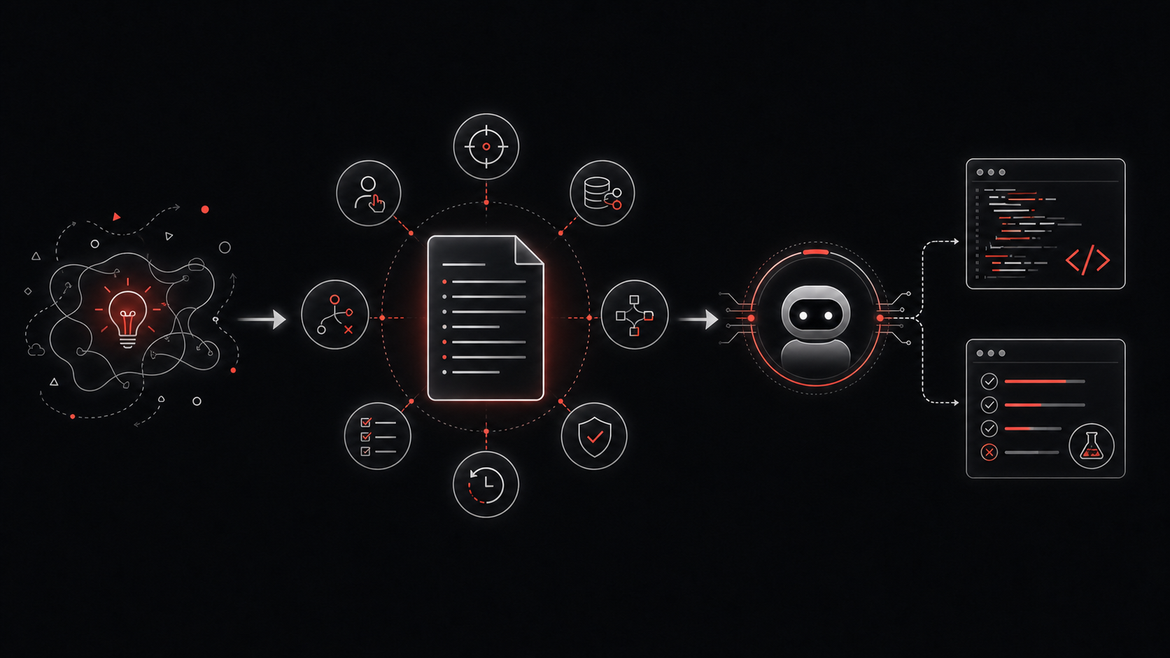 Abstrakte Visualisierung: Eine vage Idee wird in eine strukturierte Spezifikation übersetzt, die anschließend einem KI-Coding-Agenten Code und Tests ermöglicht.